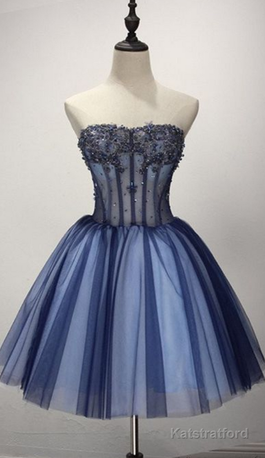 Strapless Appliques Tulle Beaded Pleated Dark Blue Cute Elegant Homecoming Dresses