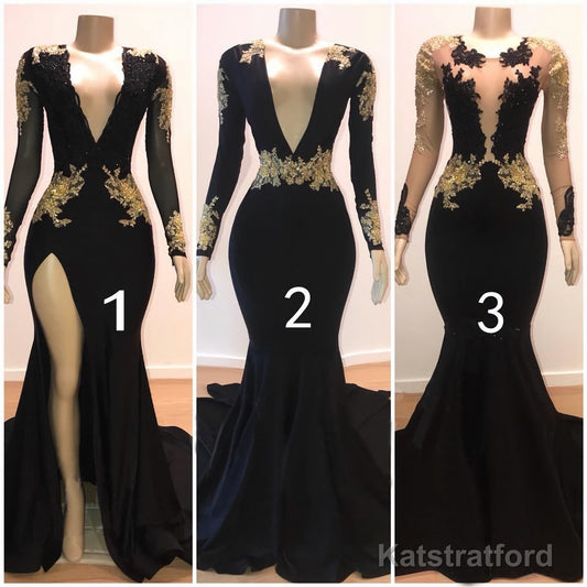2025 Black Mermaid Long Sleeves V Neck Gold Appliques Prom Dresses