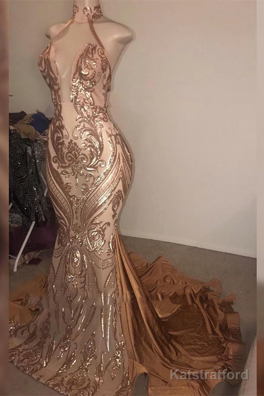2025 Mermaid Dusty Rose Halter Long Backless Lace Prom Dresses