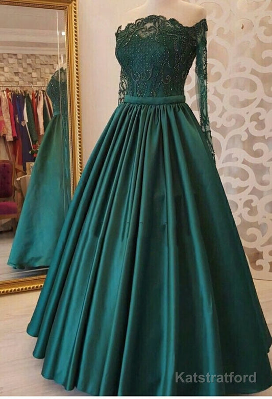 2025 A Line Dark Green Long Sleeves Off Shoulder Appliques Long Prom Dresses