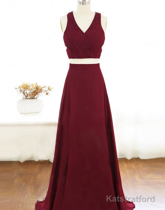 Two Piece Prom Dresses A-Line Floor-length Burgundy Chiffon Prom Dress
