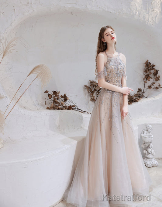 A Line Bateau Prom Dress, Long Neck With Train Sleeveless Zipper Formal Party Dresses