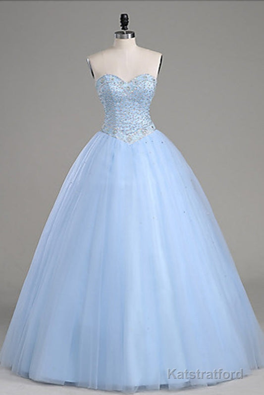 Light Blue Ball Gown Floor Length Sweetheart Strapless Sleevless Beading Prom Dresses