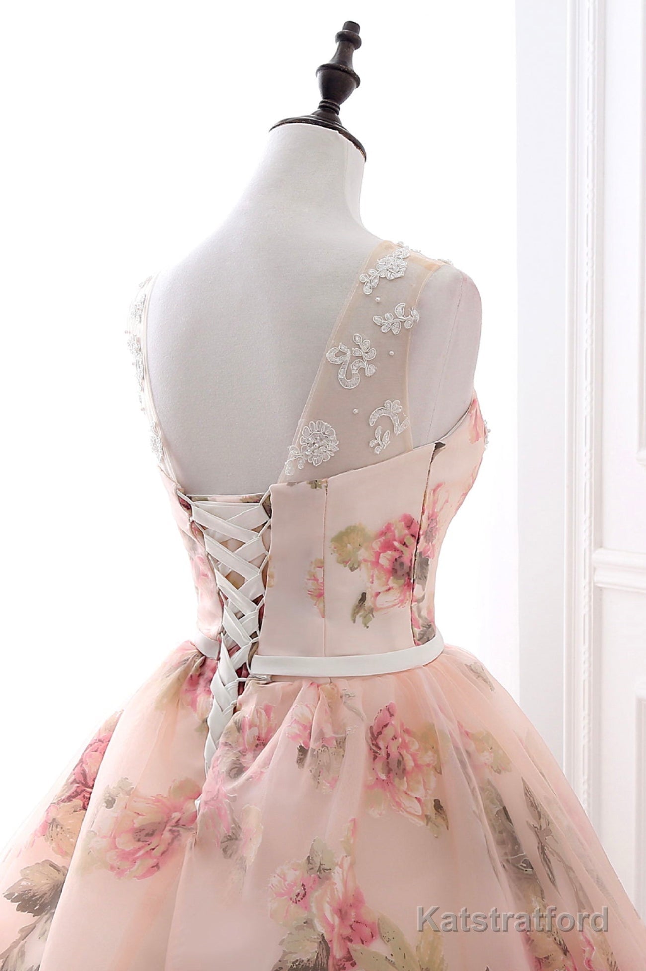 Pink Floral Pattern Lace Long Prom Dress, A-Line Formal Dress