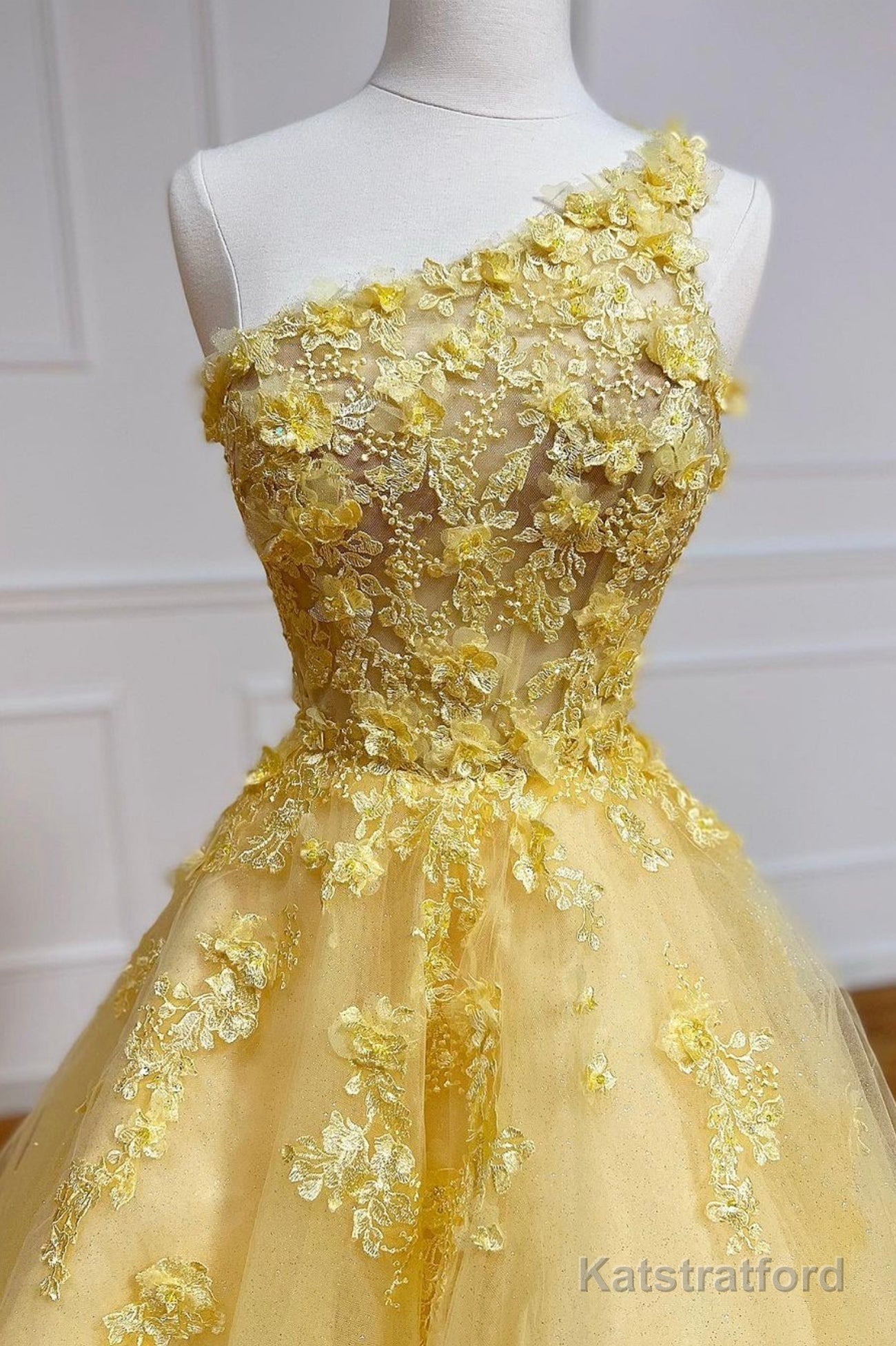 Yellow Lace One Shoulder Evening Dress, A-Line Tulle Long Prom Dress