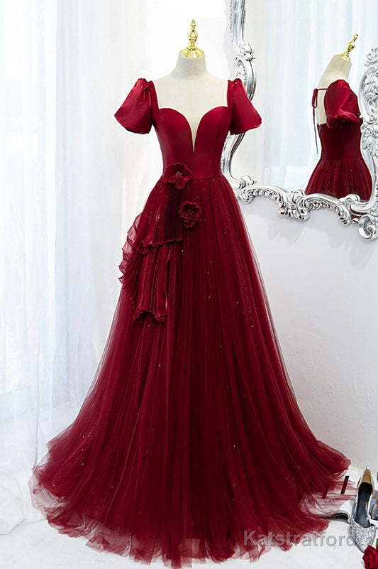 A-Line Satin Tulle Long Prom Dresses, Burgundy Evening Dresses