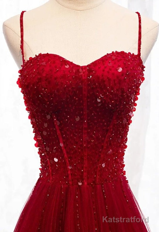 Gemgrace Burgundy Prom Dresses, Long Tulle Formal Dress With Straps
