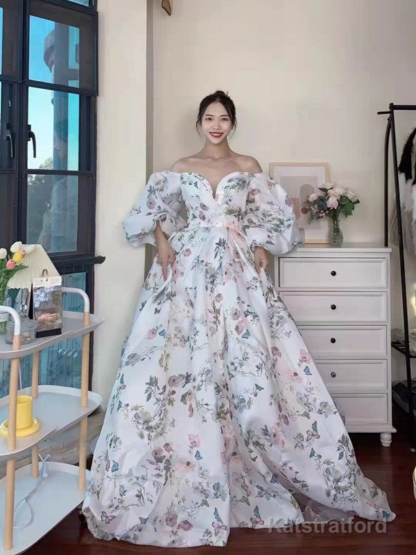 Bubble Sleeves A-line Prom Dresses, Elegant Floral Long Prom Dresses, Popular Wedding Guest Dresses