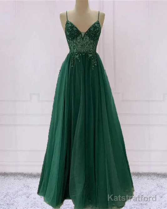 Spaghetti Strap Green A Line Long Prom Dress V Neck Formal Evening Gown Party Dress