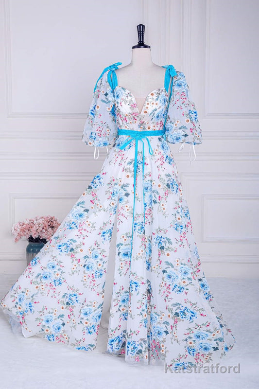 Blue and White Floral Bow Tie Straps A-line Long Prom Dress with Slit