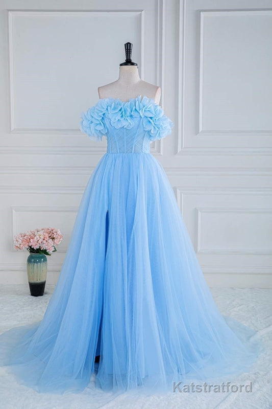Light Blue Flowers Off-Shoulder A-line Long Prom Dress with Slit