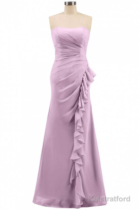Pink Strapless Ruffled Mermaid Long Bridesmaid Dress