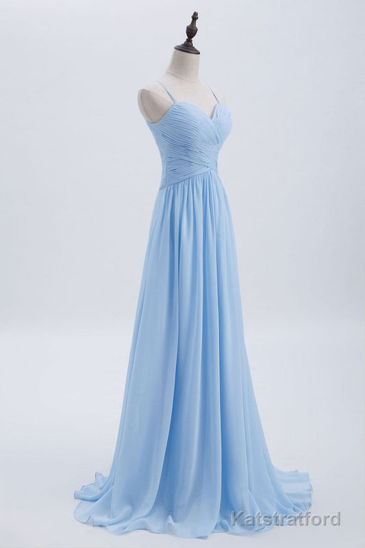 Blue Pleated Straps Chiffon Long Bridesmaid Dress