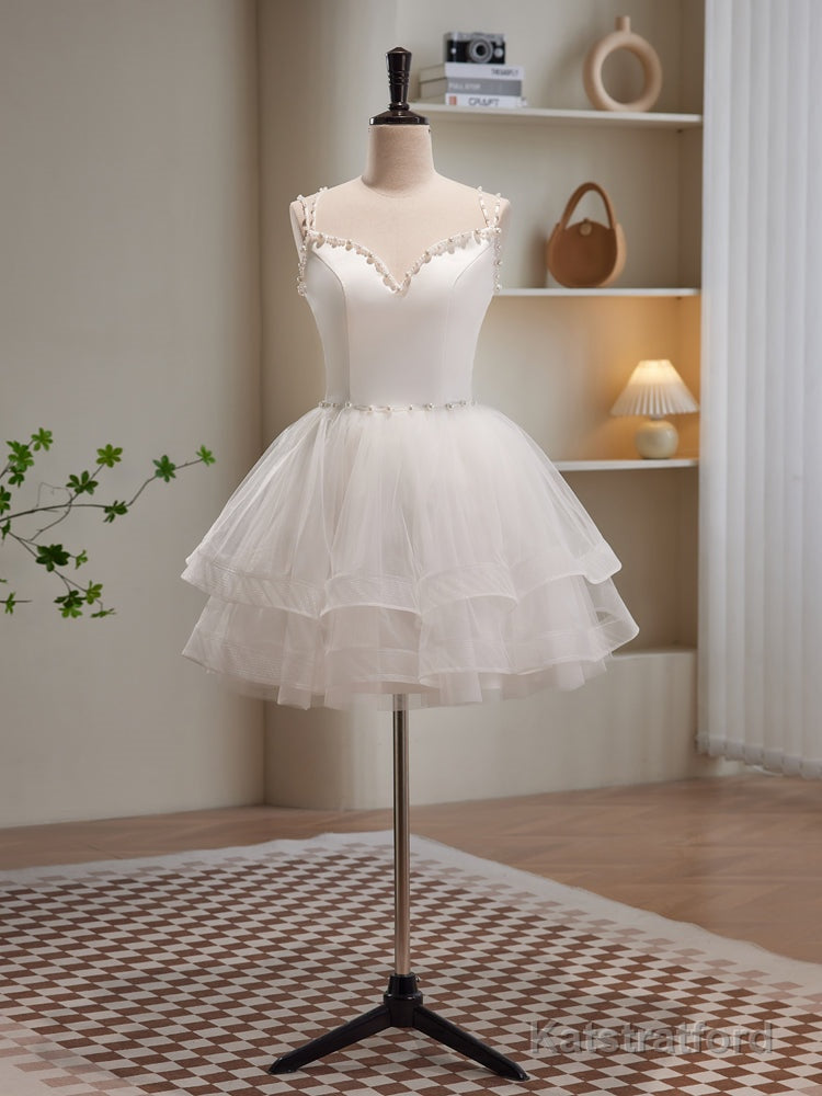 White Spaghetti Strap Tulle Short Prom Dress, Cute A-Line Party Dress