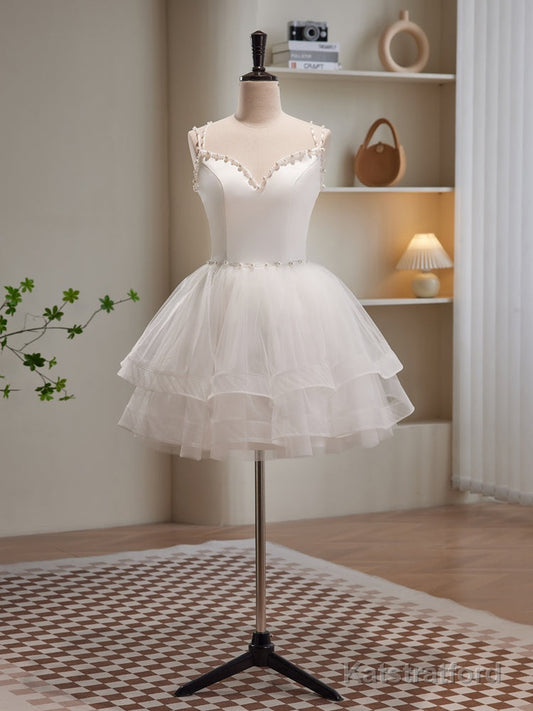 White Spaghetti Strap Tulle Short Prom Dress, Cute A-Line Party Dress