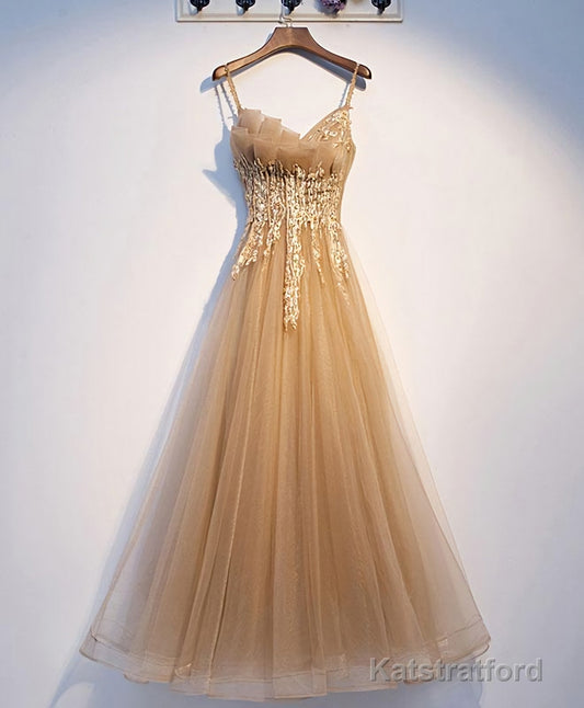 Champagne Tulle Lace Long Prom Dress, Champagne Evening Dress, 9