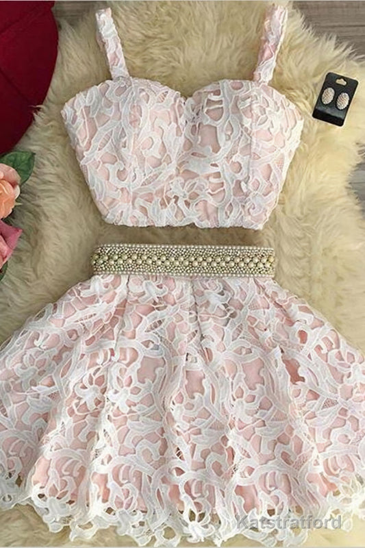 2025 Two Piece A Line Lace Homecoming Dresses, Spaghetti Straps Beaded Waistline