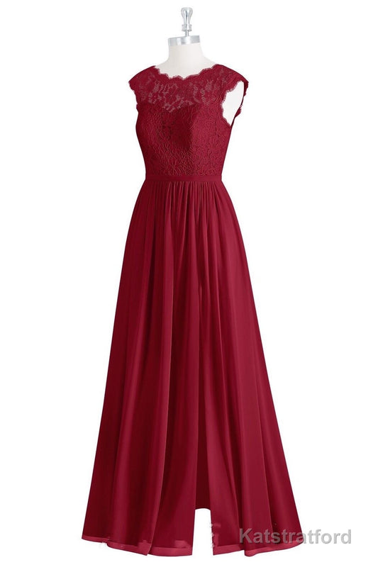 Red Lace Cap Sleeve A-Line Long Bridesmaid Dress