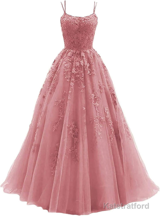 Womens Lace Appliques Prom Dresses Long Spaghetti Strap Ball Gowns Tulle Formal Dress for Party