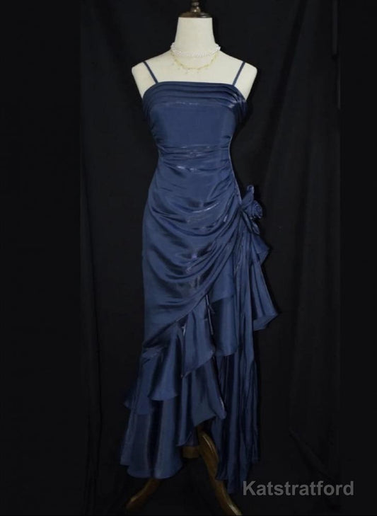 Dark Blue Vintage Floral Elegant Dress Asymmetrical Hem Prom Gown