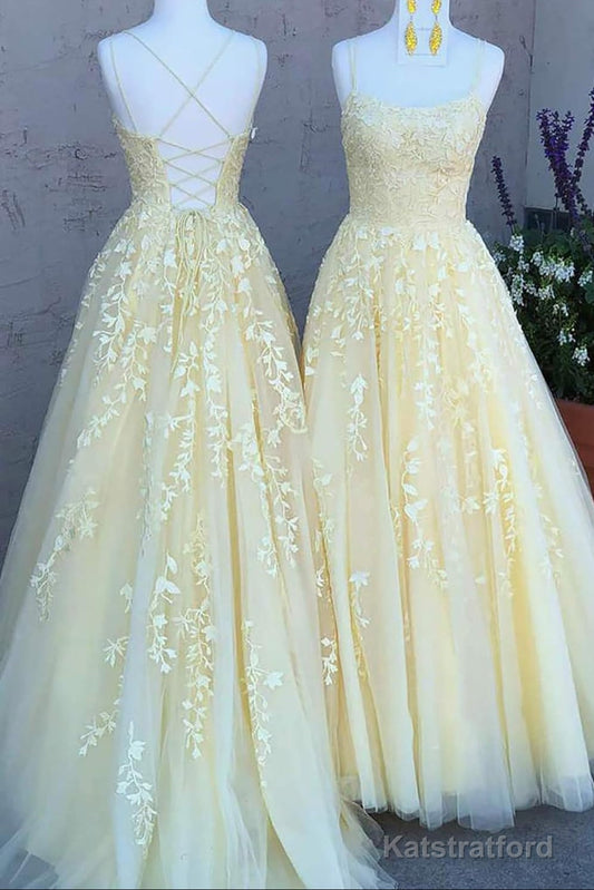 Womens Lace Appliques Prom Dresses Long Spaghetti Strap Ball Gowns Tulle Formal Dresses for Party