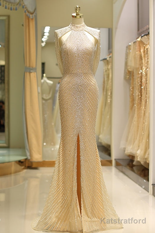 Luxurious High Neck Dubai Gold Long Evening Dress
