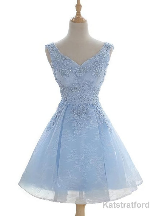 Light Blue Cute V Neckline Lace Short Party Dress, Lace Formal Dress, Lace Party Dresses, B0622