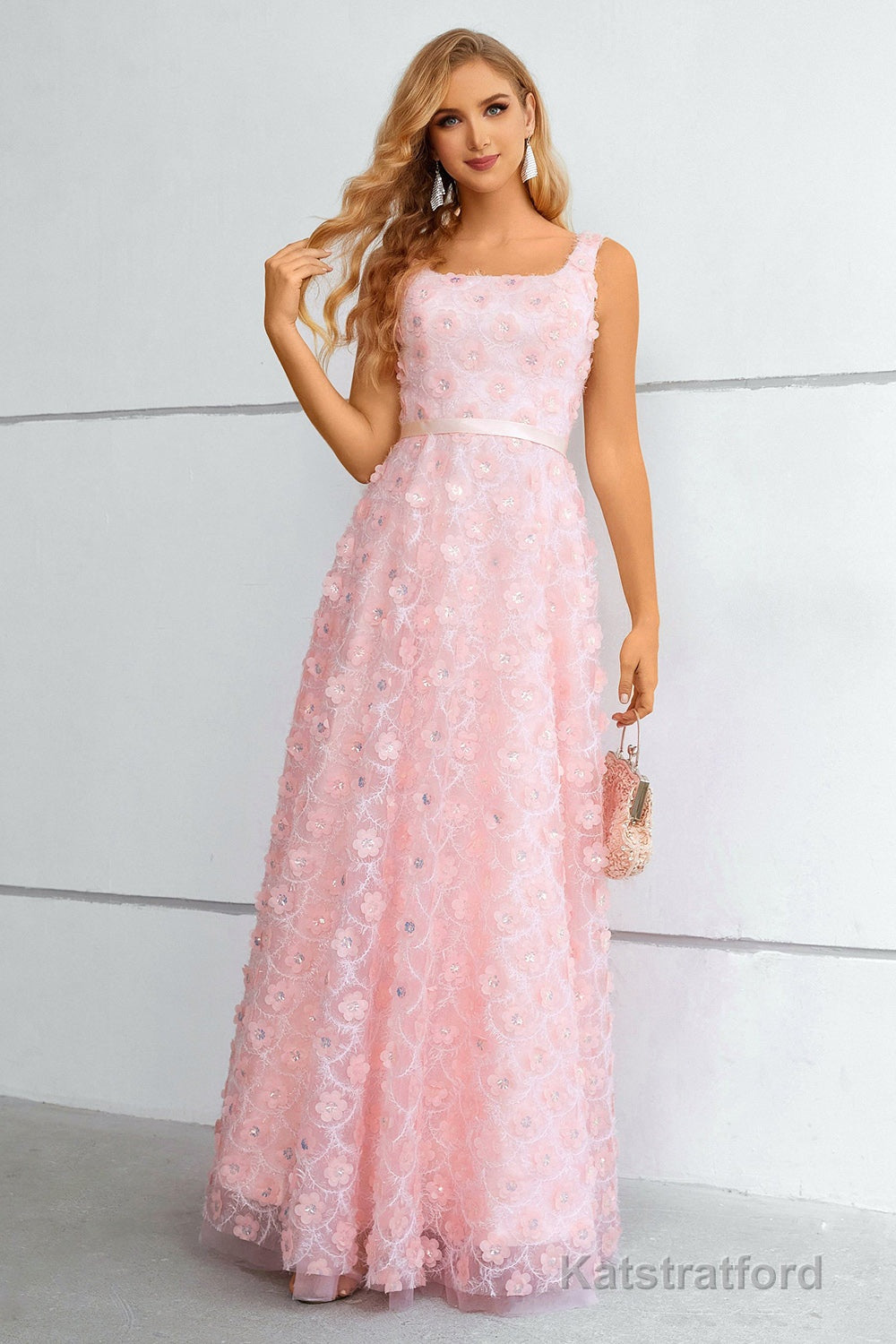 Pink A-Line Lace-Up Back Prom Dress With 3D Flowers