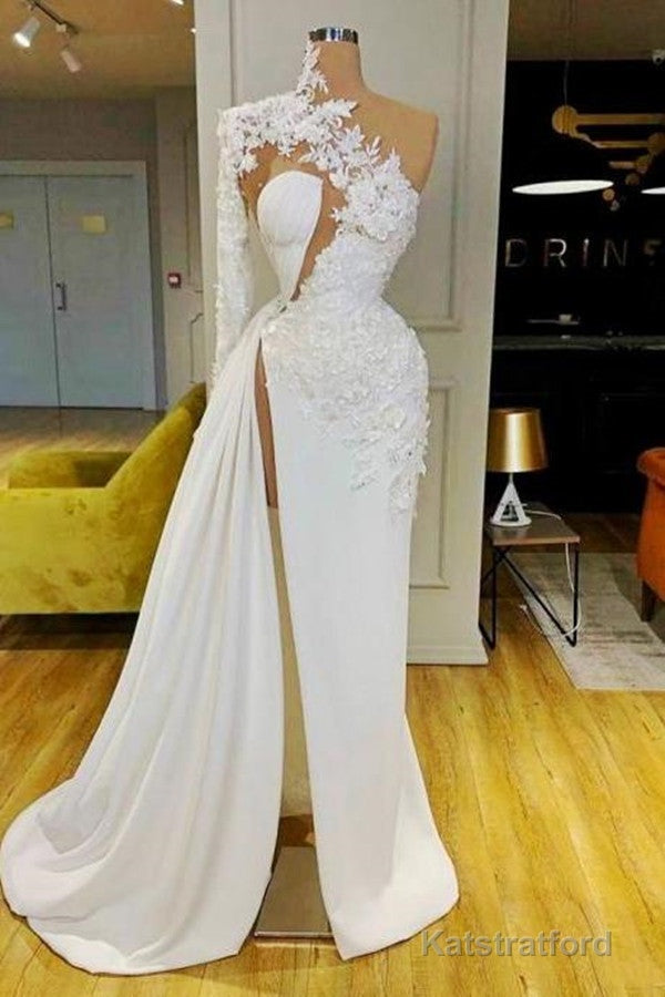 Gorgeous One Shoulder Long Sleeve Prom Dress With Lace Appliques Side Slit