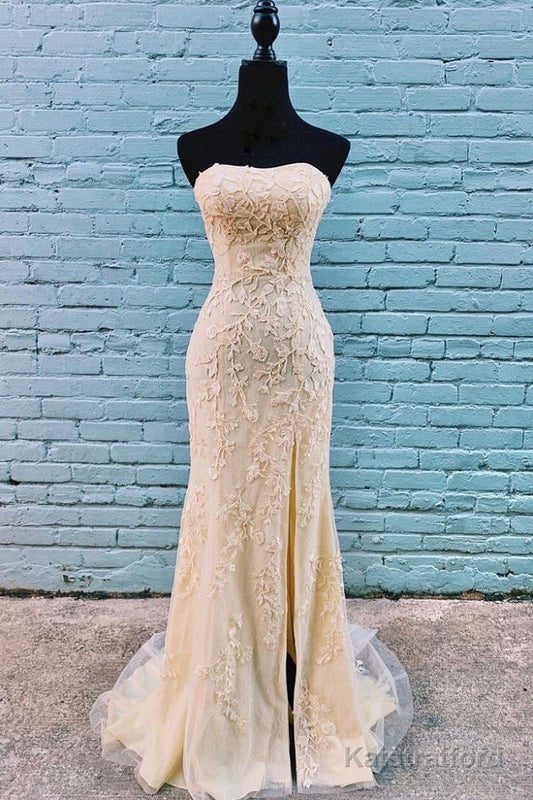 Classy Gold Lace Appliques Long Strapless Prom Dress with Side Slit