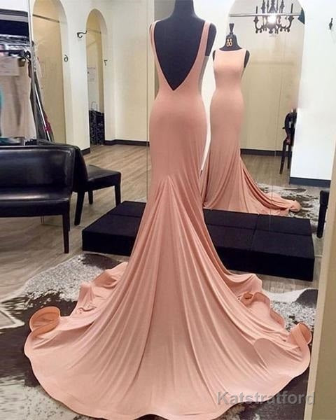 Coral Low Back Bateau Neck Modest Prom Dress with Sweep Train