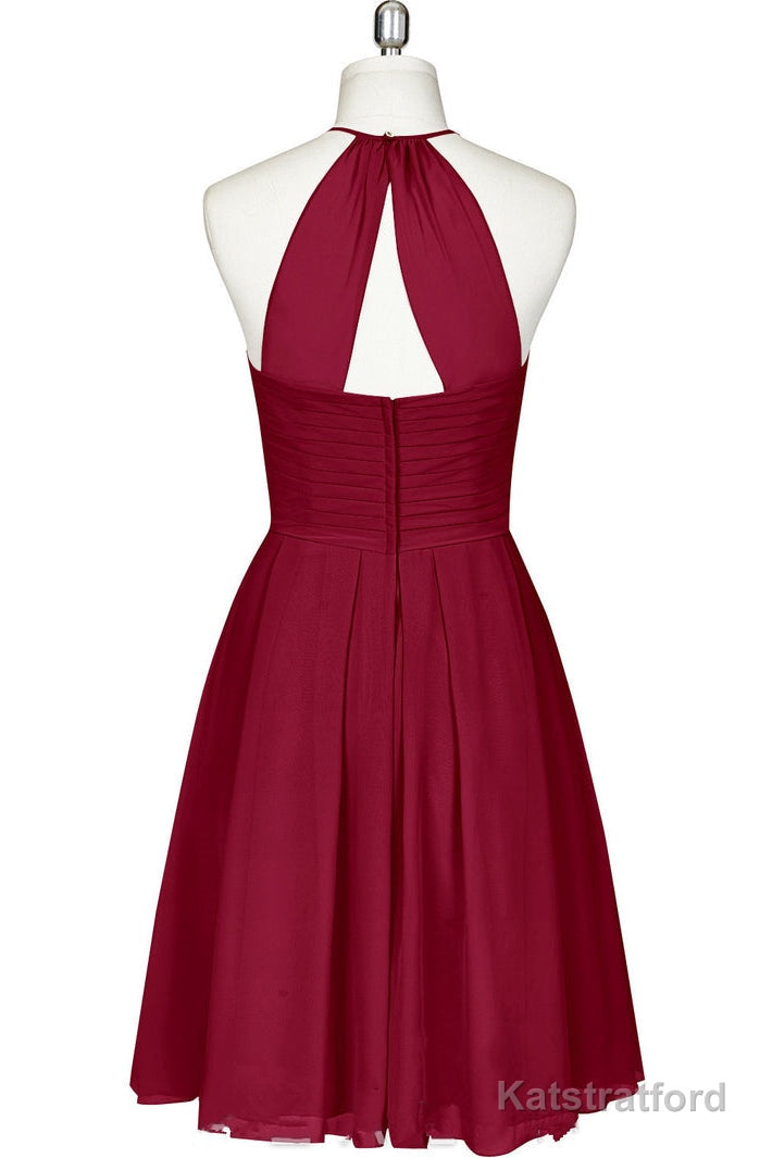 Cute Halter Burgundy Chiffon Knee Length Bridesmaid Dress