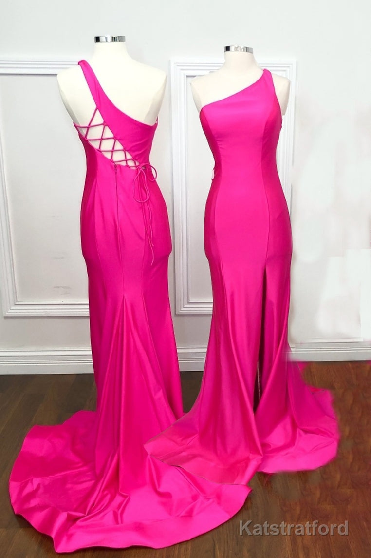 One Shoulder Hot Pink Mermaid Long Formal Dress