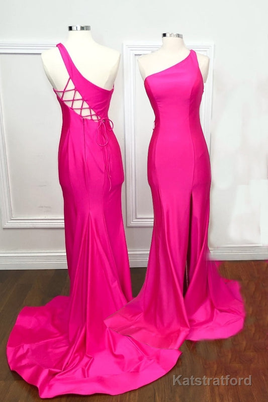 One Shoulder Hot Pink Mermaid Long Formal Dress