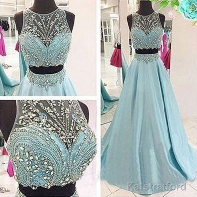 Blue Two Piece Bead Top Ball Gown Prom Dress