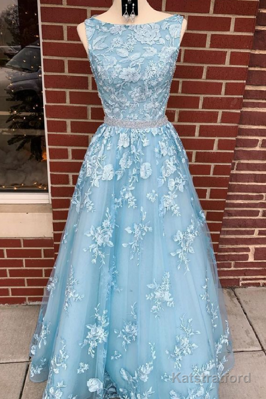 Dusty Blue A-line Backless Prom Dress Long Dusty Blue Lace Formal Dress