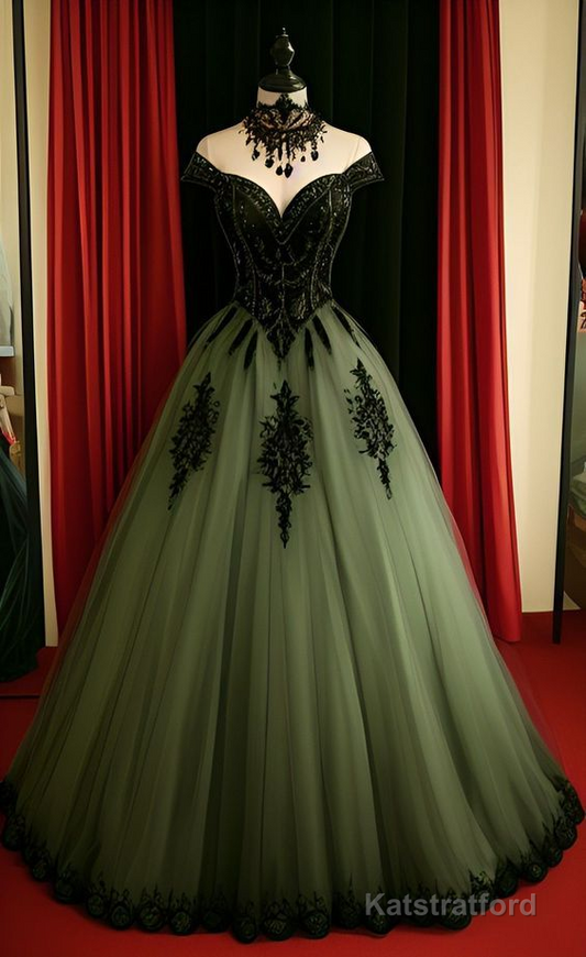 Green A-line Tulle Prom Dress Off The Shoulder Formal Evening Gown
