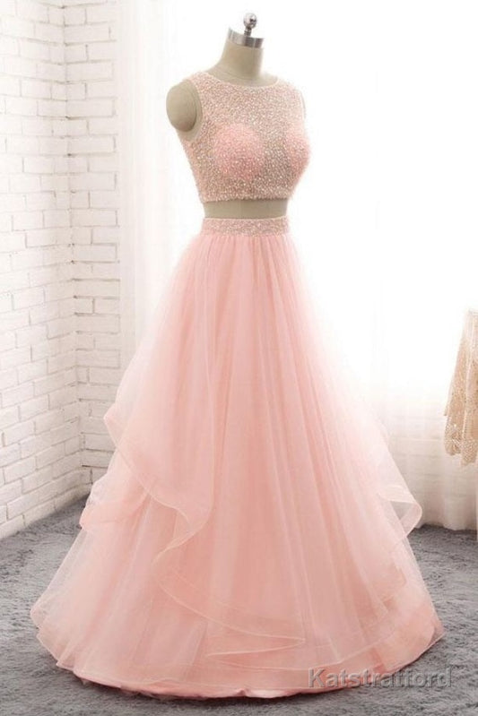 Fairy Blush Pink Two Piece Long Prom Dress