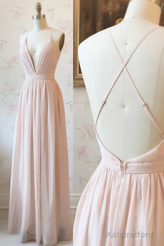 Simple V-neck Zipper Back Floor Length Pink Chiffon Long Elegant Bridesmaid Dresses