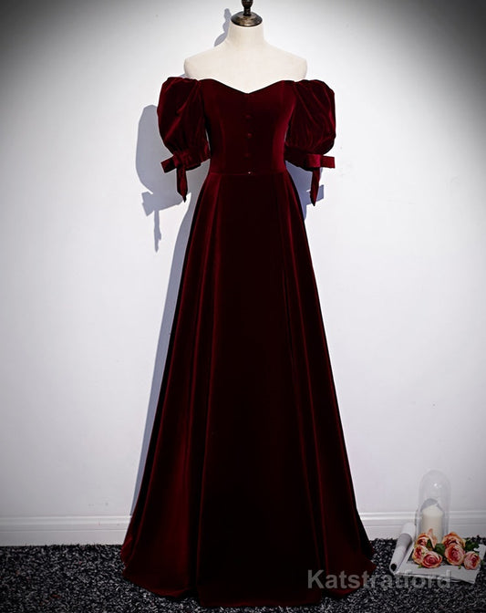 Modest Charming Burgundy Long Prom Dresses Vintage Evening Dresses With Bowknot