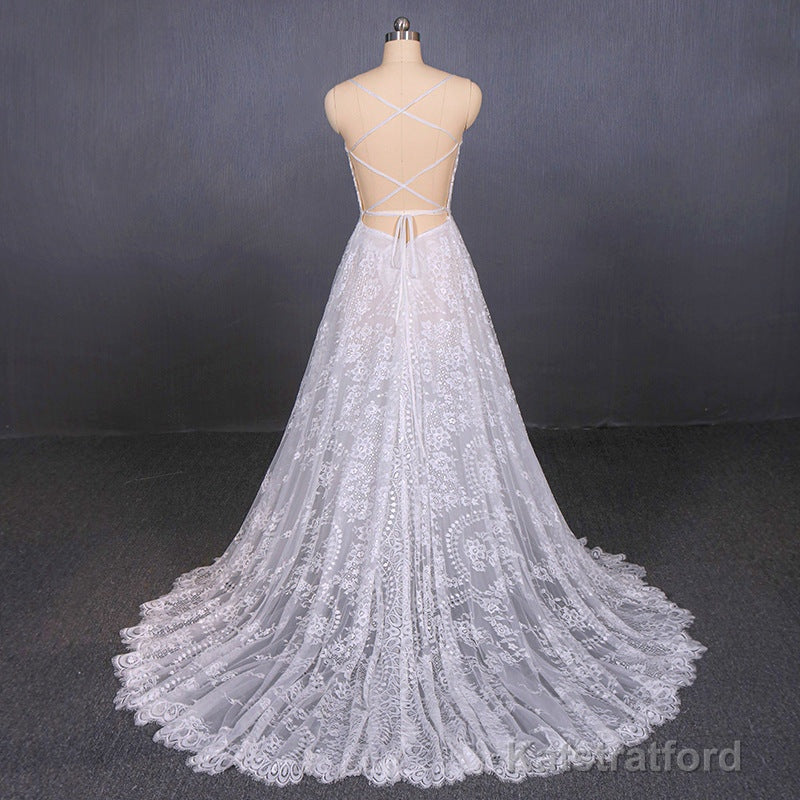 Charming Spaghetti Straps Long A-line Wedding Dresses Beach Wedding Dresses