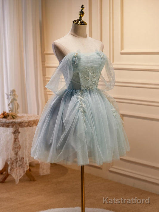 Green Tulle Beaded Short Prom Dress, Cute Off Shoulder Homecoming Dress