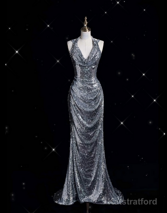 Classy Mermaid Halter Silver Sequin Long Evening Dress Sexy Prom Dresses