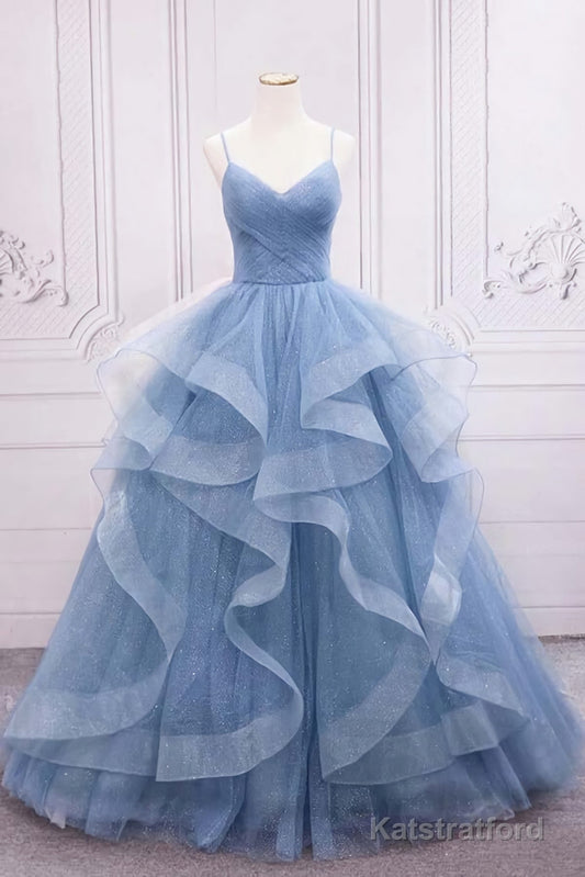 Shiny Blue Tulle A-Line Spaghetti Straps Long Prom Dresses