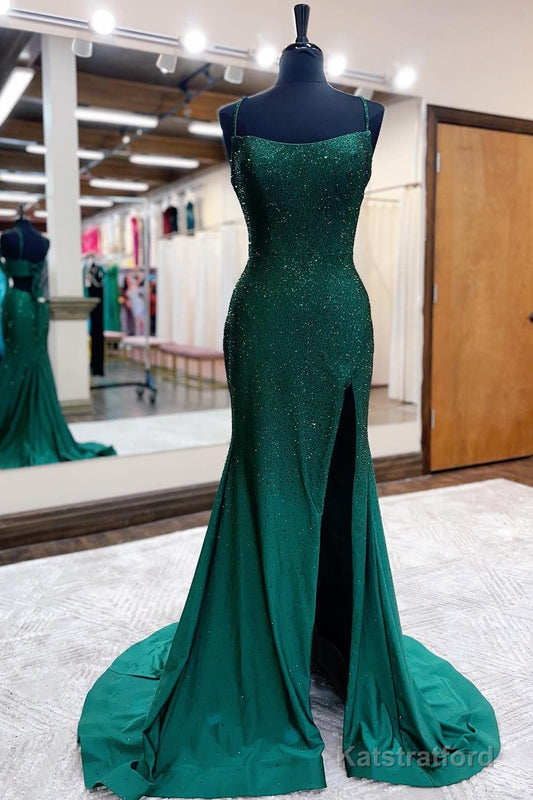 Mermaid Spaghettti Straps Dark Green Sequins Long Prom Dress with Split Front