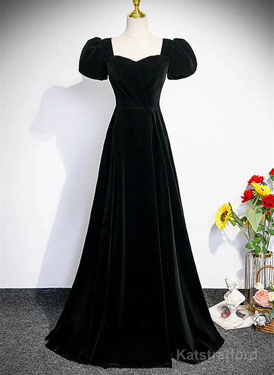 A-line Black Short Sleeves Velvet Long Party Dress, Black Simple Bridesmaid Dress