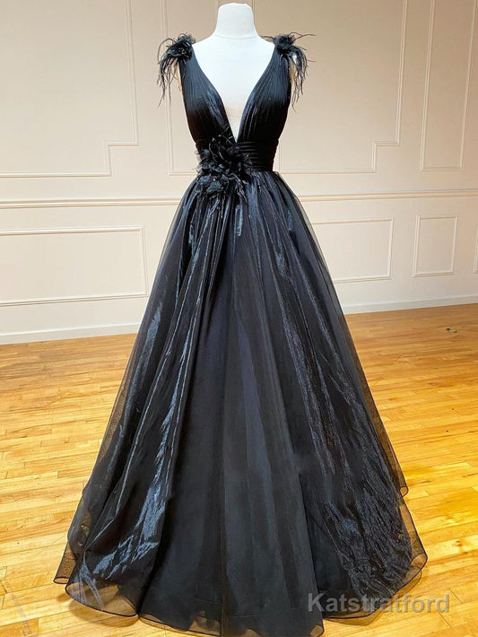 A Line Black V Neck Tulle Long Prom Dress