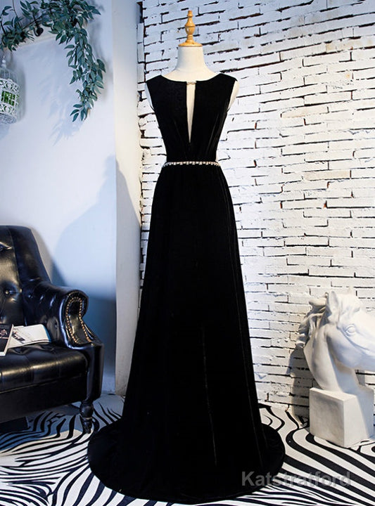 A-Line Black Velvet Backless Prom Dress With Beading