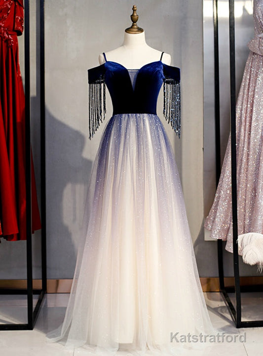 A-Line Blue Velvet Spagehtti Straps Beading Prom Dress