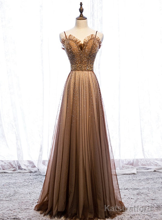 A-Line Brown Tulle Spagehtti Straps Beading Sequins Prom Dress